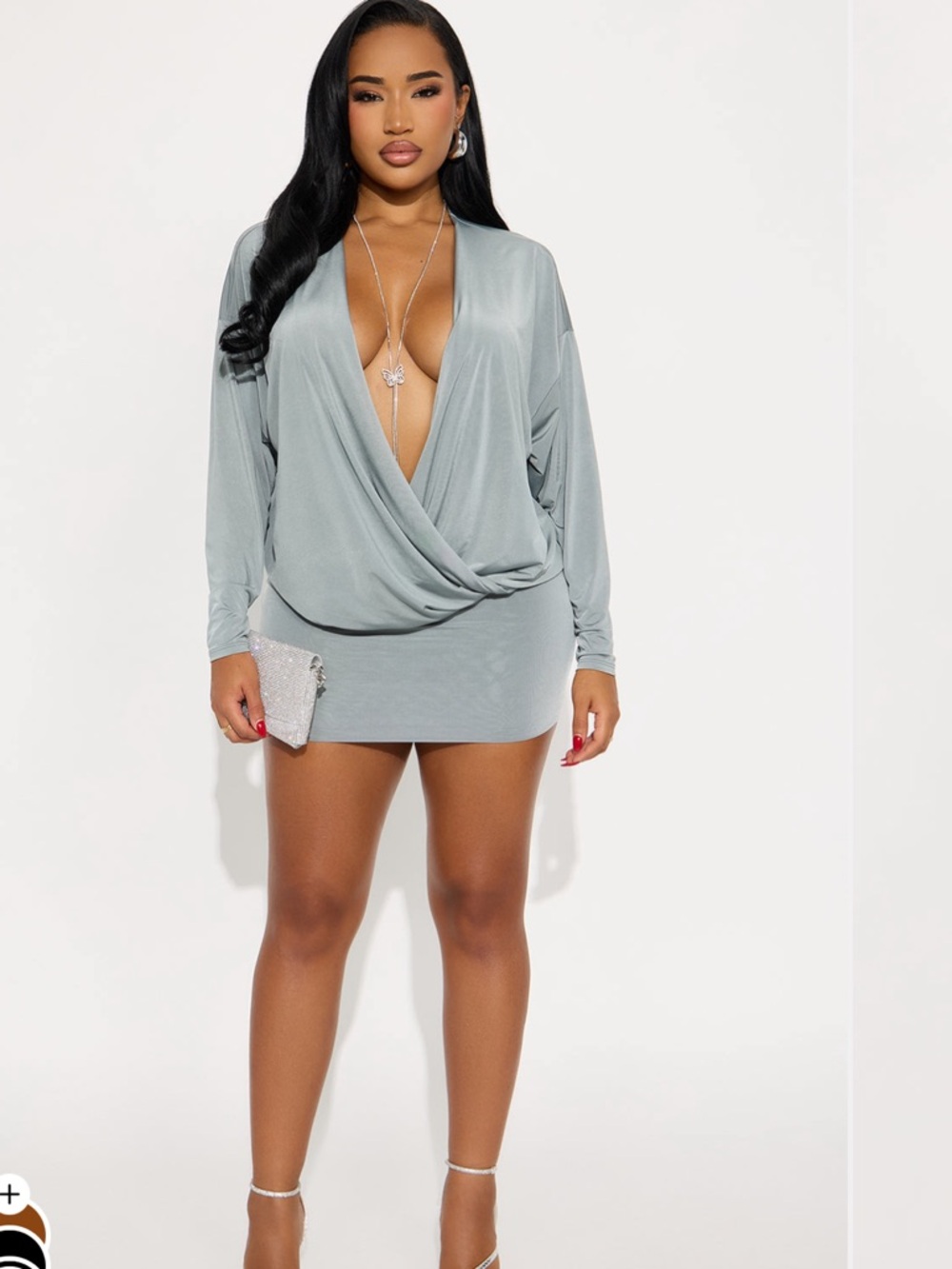 Fashion Nova Dusty Sage Plunge Long Sleeve Mini Dress